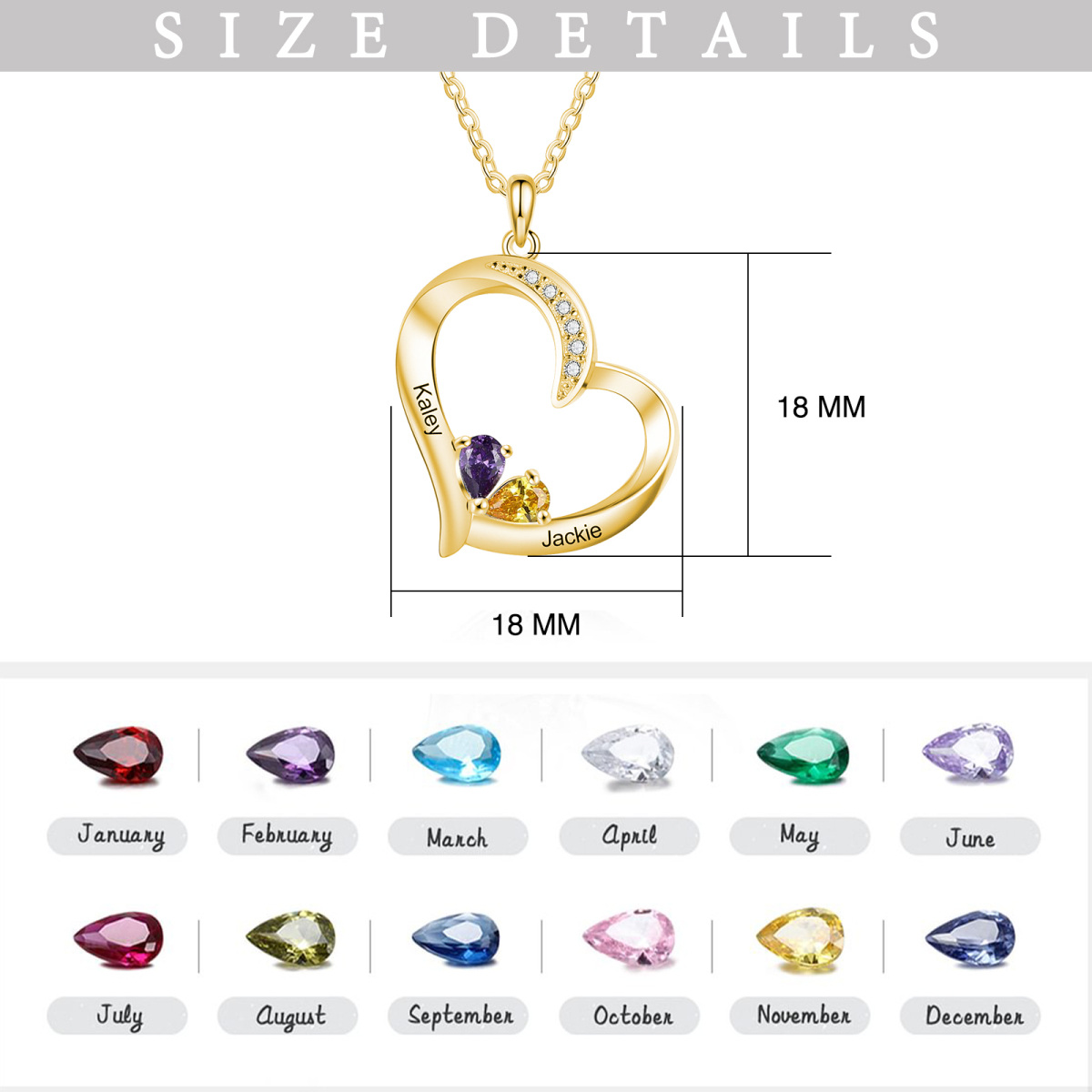 10K Gold Heart Shaped Cubic Zirconia Personalized Birthstone & Heart Pendant Necklace-4