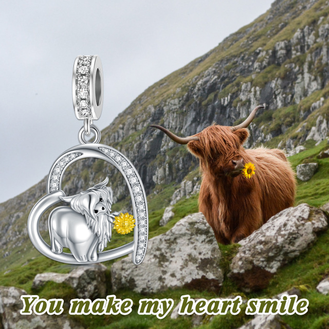 Sterling Silver Two-tone Circular Shaped Zircon Highland Cow & Heart Dangle Charm-2