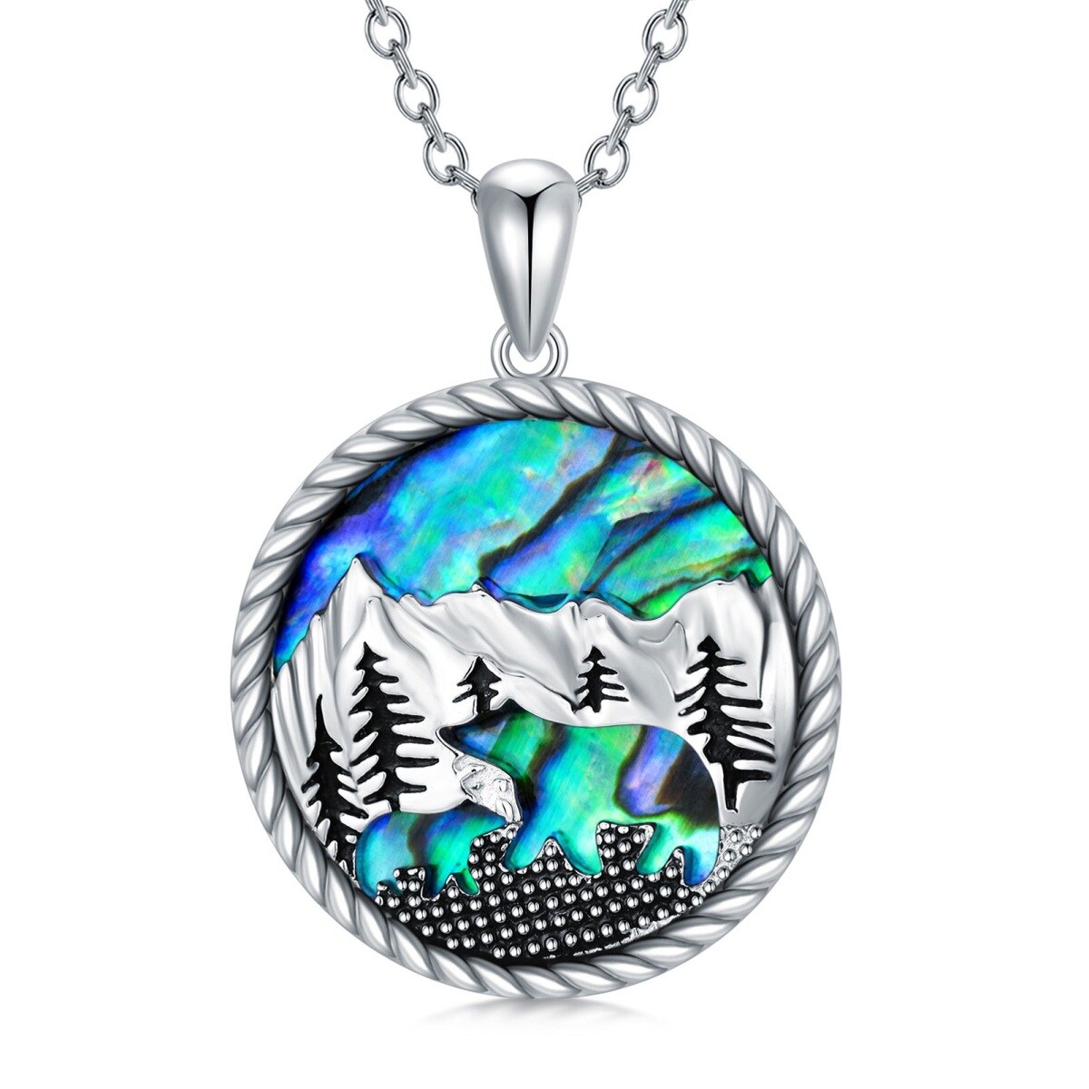 Sterling Silver Abalone Shellfish Bear & Mountains Pendant Necklace-1