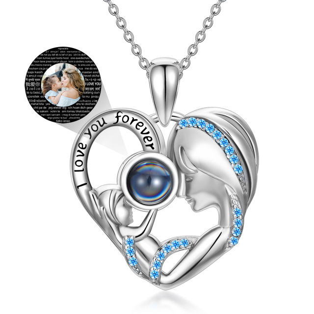 Sterling Silver Circular Shaped Projection Stone Heart Personalized Pendant Necklace with Engraved Word-1