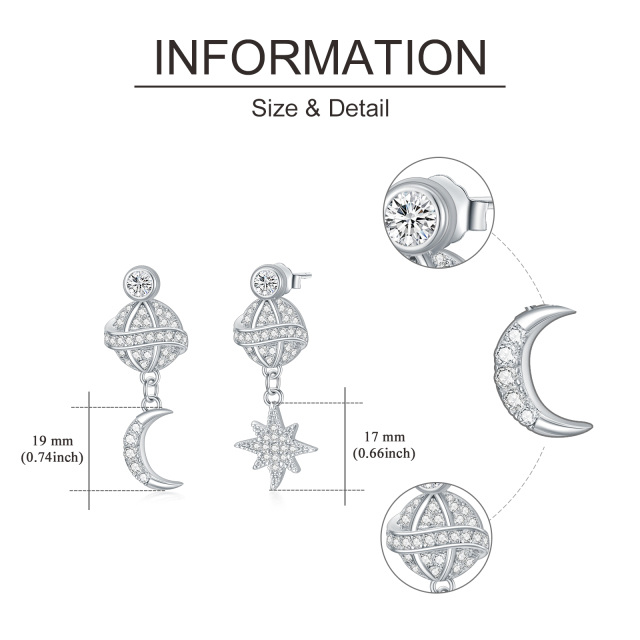 Sterling Silver Circular Shaped Cubic Zirconia Moon & Star Drop Earrings-4