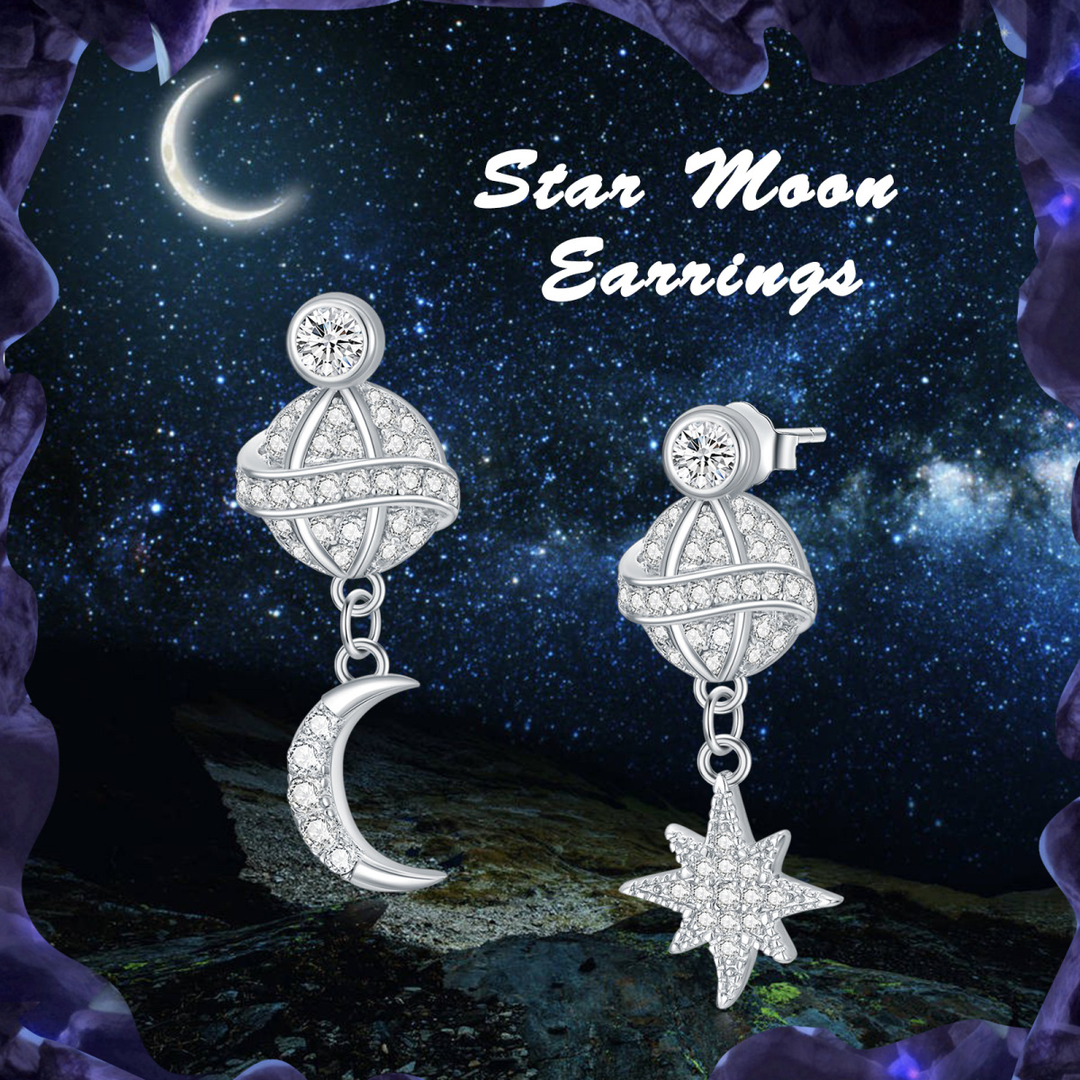 Sterling Silver Circular Shaped Cubic Zirconia Moon & Star Drop Earrings-6