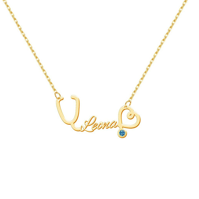10K Gold Circular Shaped Cubic Zirconia Personalized Classic Name Pendant Necklace-0