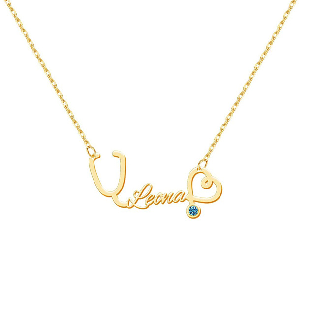 10K Gold Circular Shaped Cubic Zirconia Personalized Classic Name Pendant Necklace-4