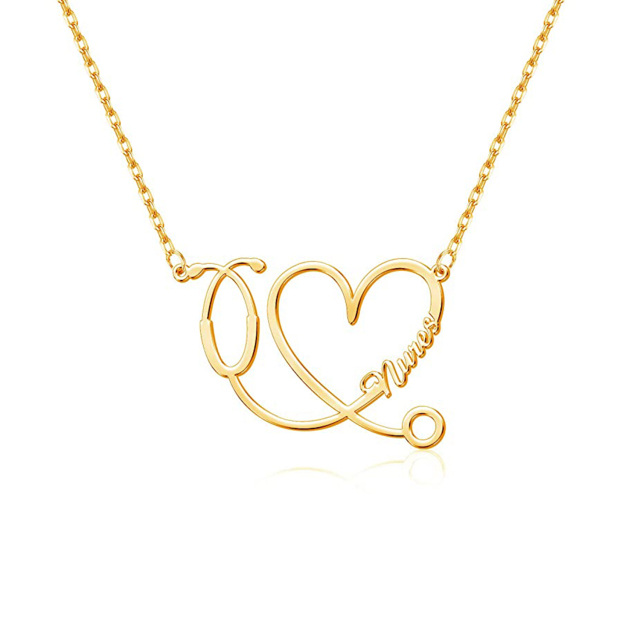 10K Gold Heart & Stethoscope Pendant Necklace-0
