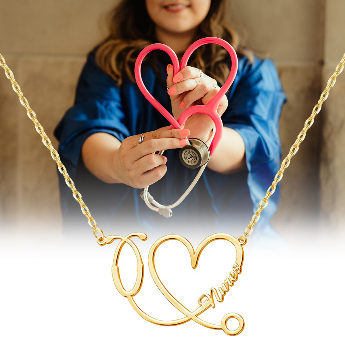 10K Gold Heart & Stethoscope Pendant Necklace-3