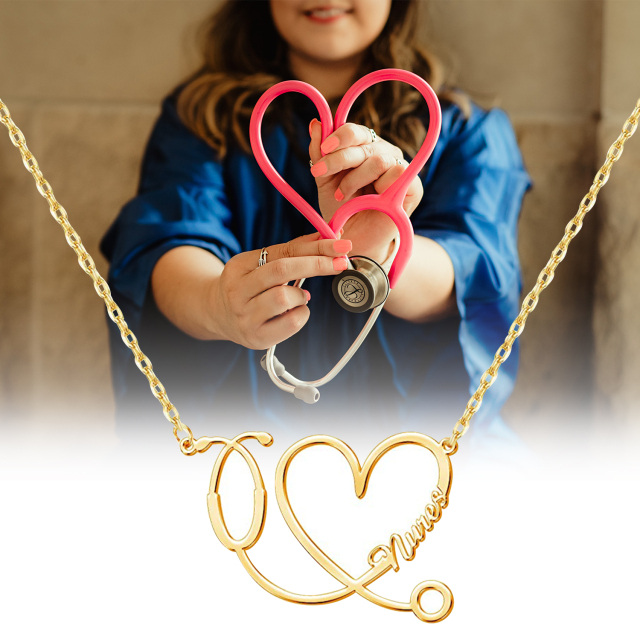 10K Gold Heart & Stethoscope Pendant Necklace-2