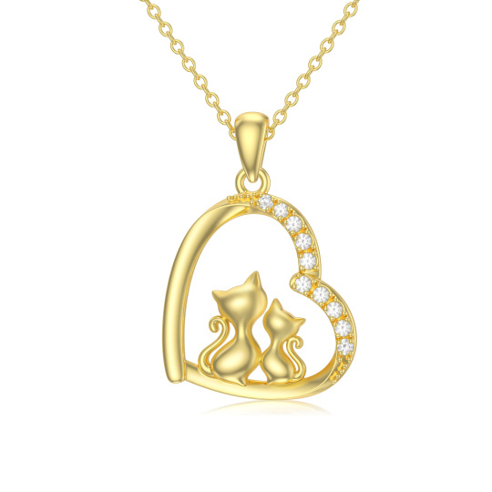 14K Gold Moissanite Cat & Heart Pendant Necklace