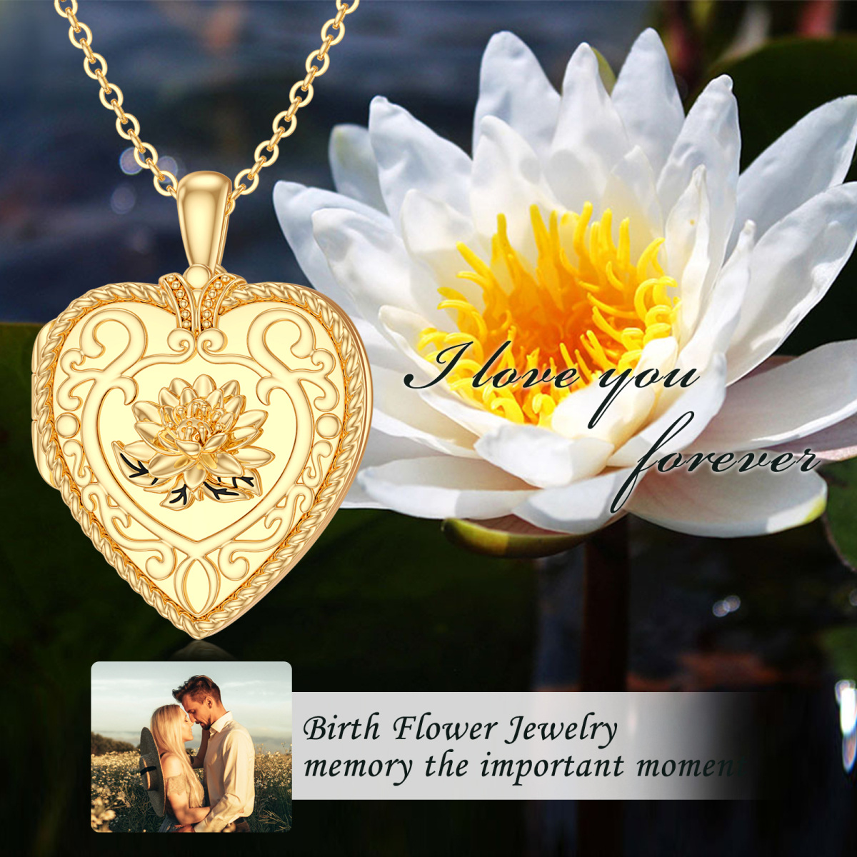 Collar con medallón con foto personalizado en forma de corazón de loto de oro de 10 quilates-5