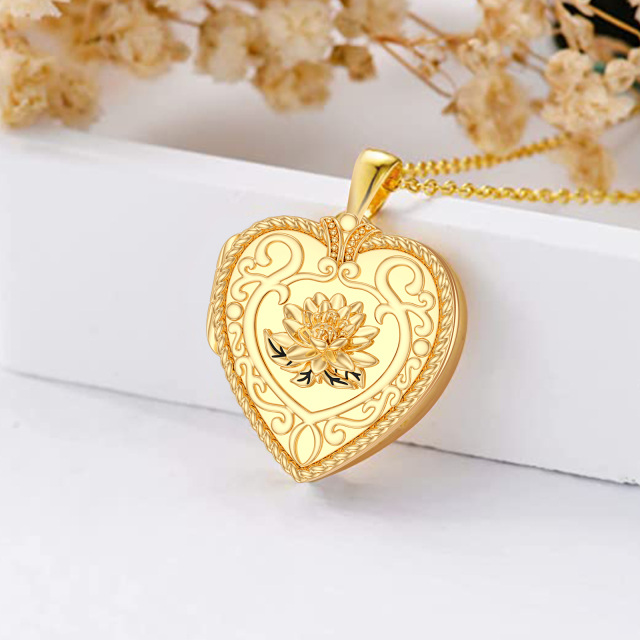 Colar com medalhão com foto personalizada com coração de lótus em ouro 10K-2