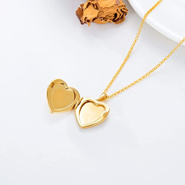 Colar com medalhão com foto personalizada com coração de lótus em ouro 10K-3