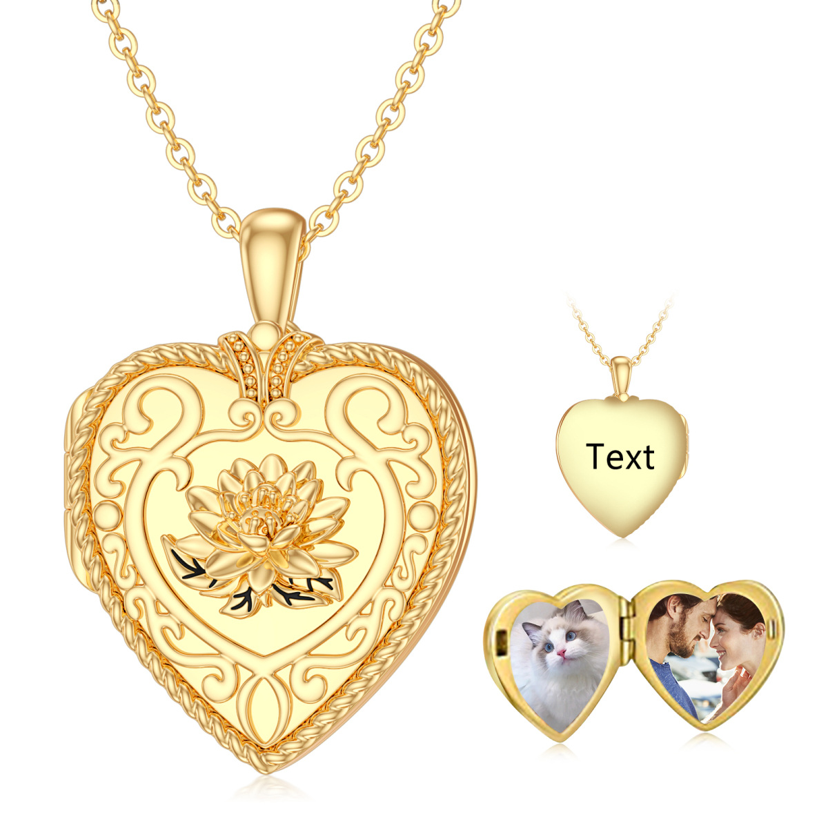 Collar con medallón con foto personalizado en forma de corazón de loto de oro de 10 quilates-1