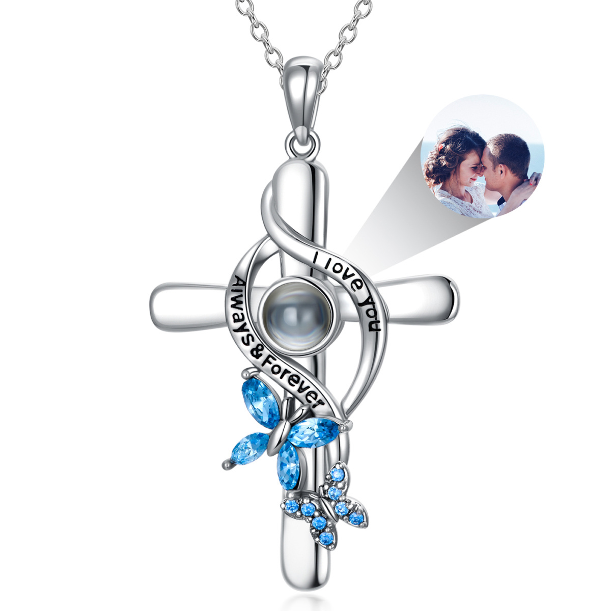 Sterling Silver Crystal & Personalized Projection Butterfly & Cross Pendant Necklace with Engraved Word-1