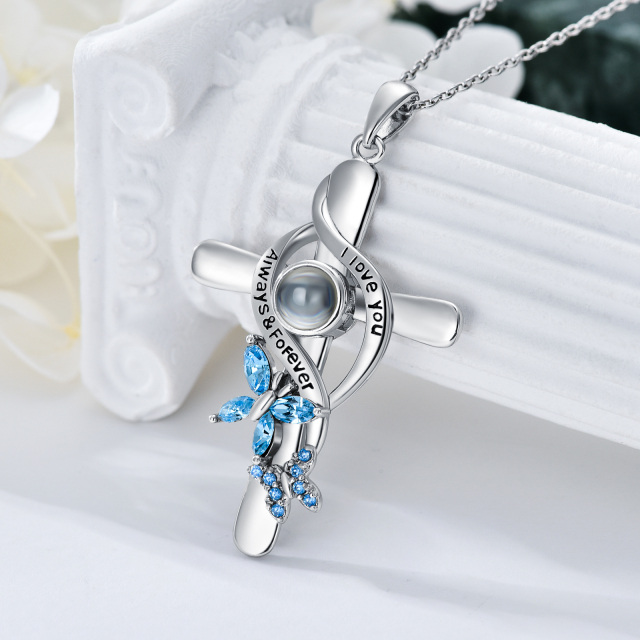 Sterling Silver Crystal & Personalized Projection Butterfly & Cross Pendant Necklace with Engraved Word-3