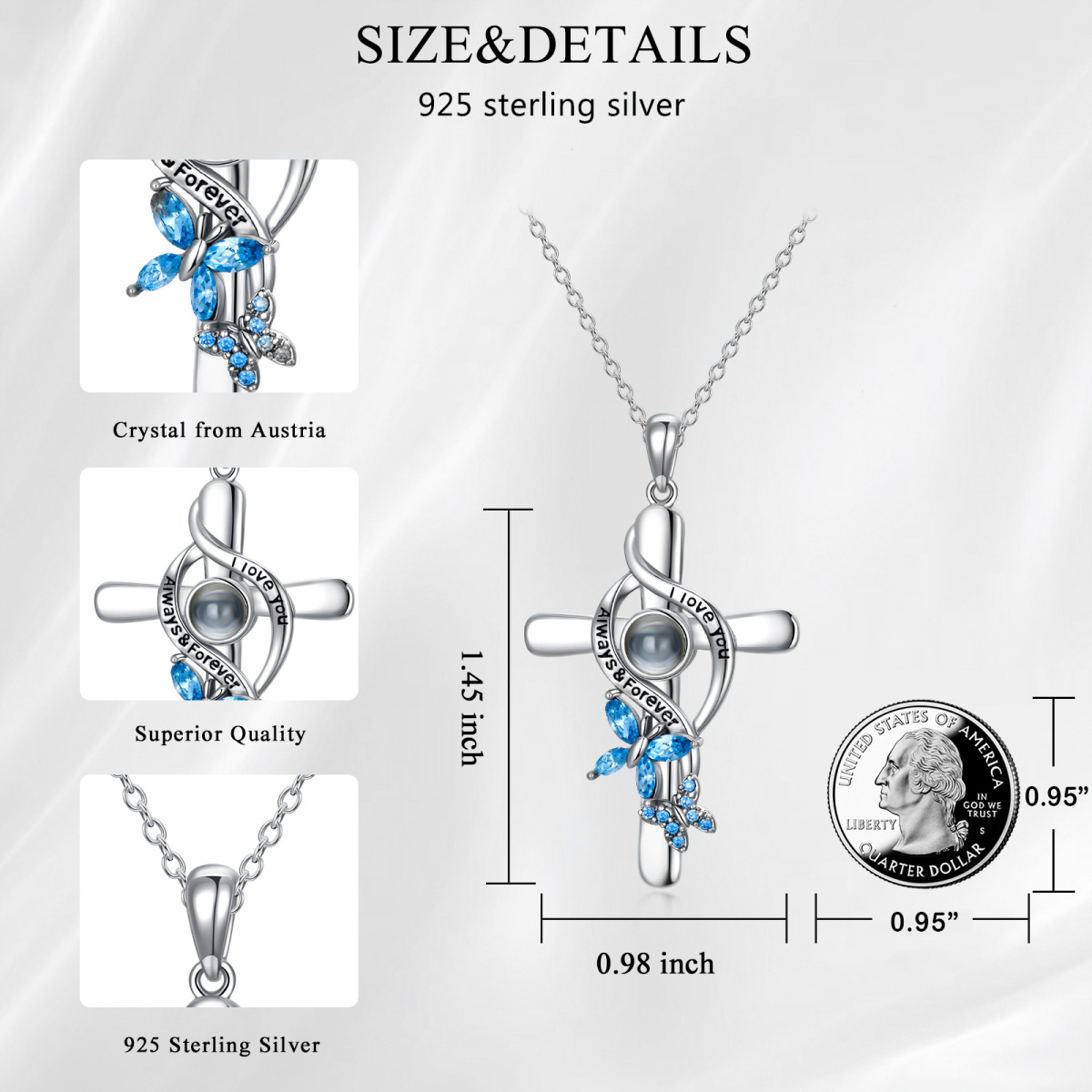 Sterling Silver Crystal & Personalized Projection Butterfly & Cross Pendant Necklace with Engraved Word-5