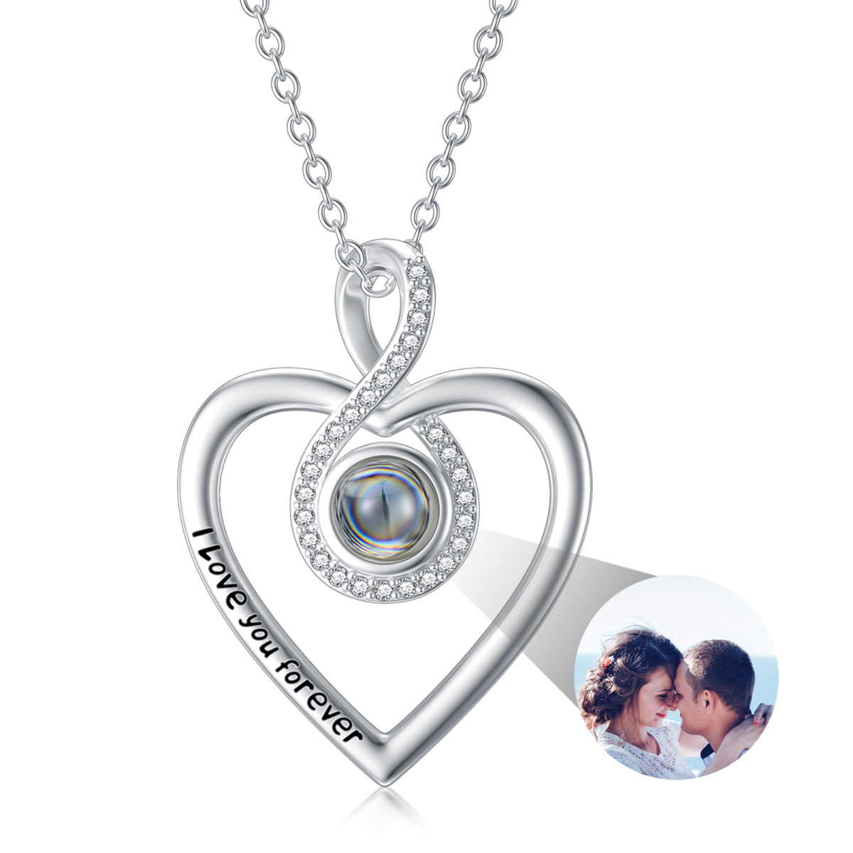 Sterling Silver Projection Stone & Personalized Projection Personalized Photo & Heart & Infinity Symbol Pendant Necklace with Engraved Word-1