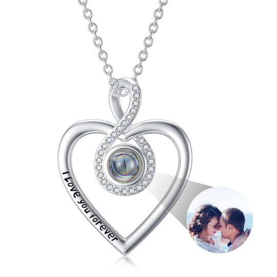 Sterling Silver Projection Stone & Personalized Projection Personalized Photo & Heart & Infinity Symbol Pendant Necklace with Engraved Word