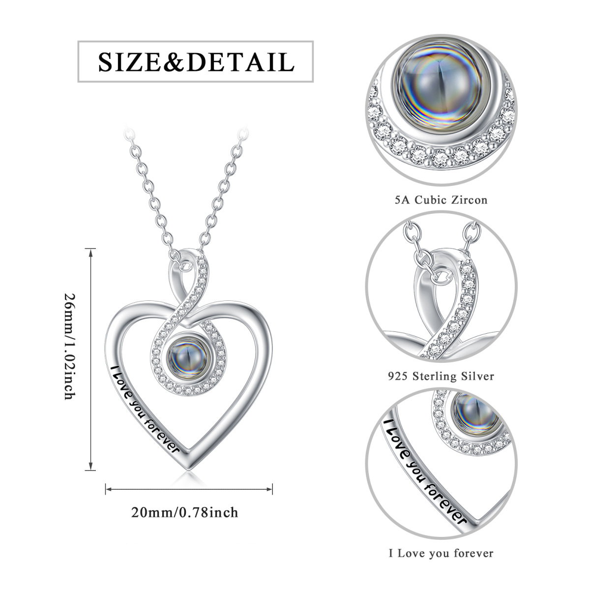Sterling Silver Projection Stone & Personalized Projection Personalized Photo & Heart & Infinity Symbol Pendant Necklace with Engraved Word-5