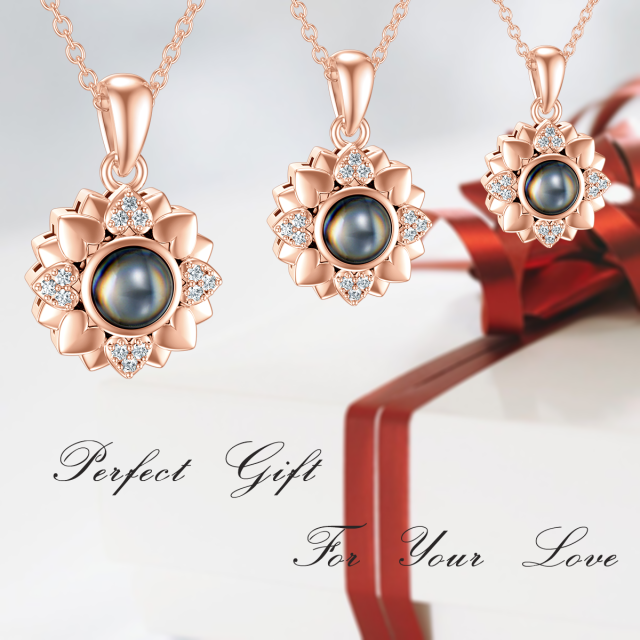 Sterling Silver with Rose Gold Plated Projection Stone & Personalized Projection Sunflower Pendant Necklace-4
