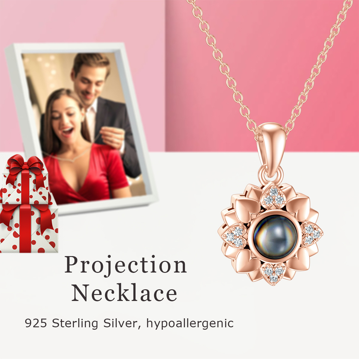 Sterling Silver with Rose Gold Plated Projection Stone & Personalized Projection Sunflower Pendant Necklace-6