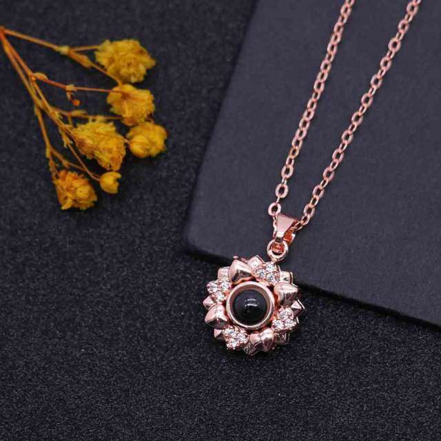 Sterling Silver with Rose Gold Plated Projection Stone & Personalized Projection Sunflower Pendant Necklace-2