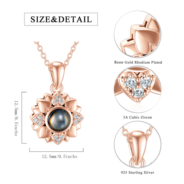 Sterling Silver with Rose Gold Plated Projection Stone & Personalized Projection Sunflower Pendant Necklace-3