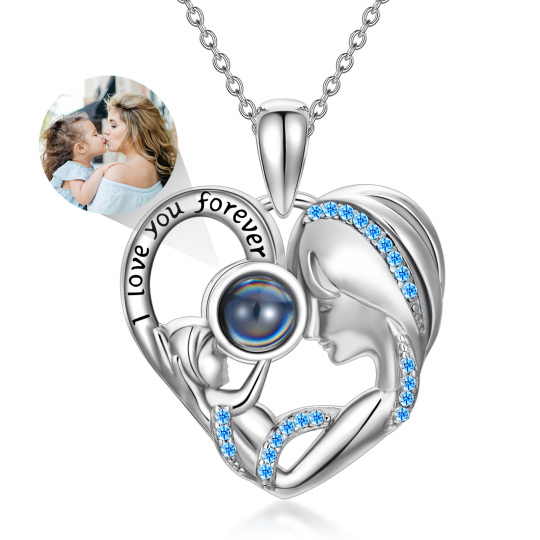 Sterling Silver Circular Shaped Projection Stone Heart Personalized Pendant Necklace with Engraved Word