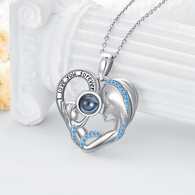 Sterling Silver Circular Shaped Projection Stone Heart Personalized Pendant Necklace with Engraved Word-5