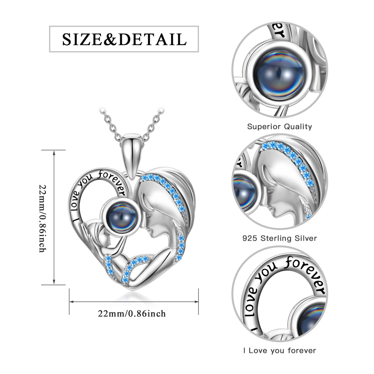 Sterling Silver Circular Shaped Projection Stone Heart Personalized Pendant Necklace with Engraved Word-7