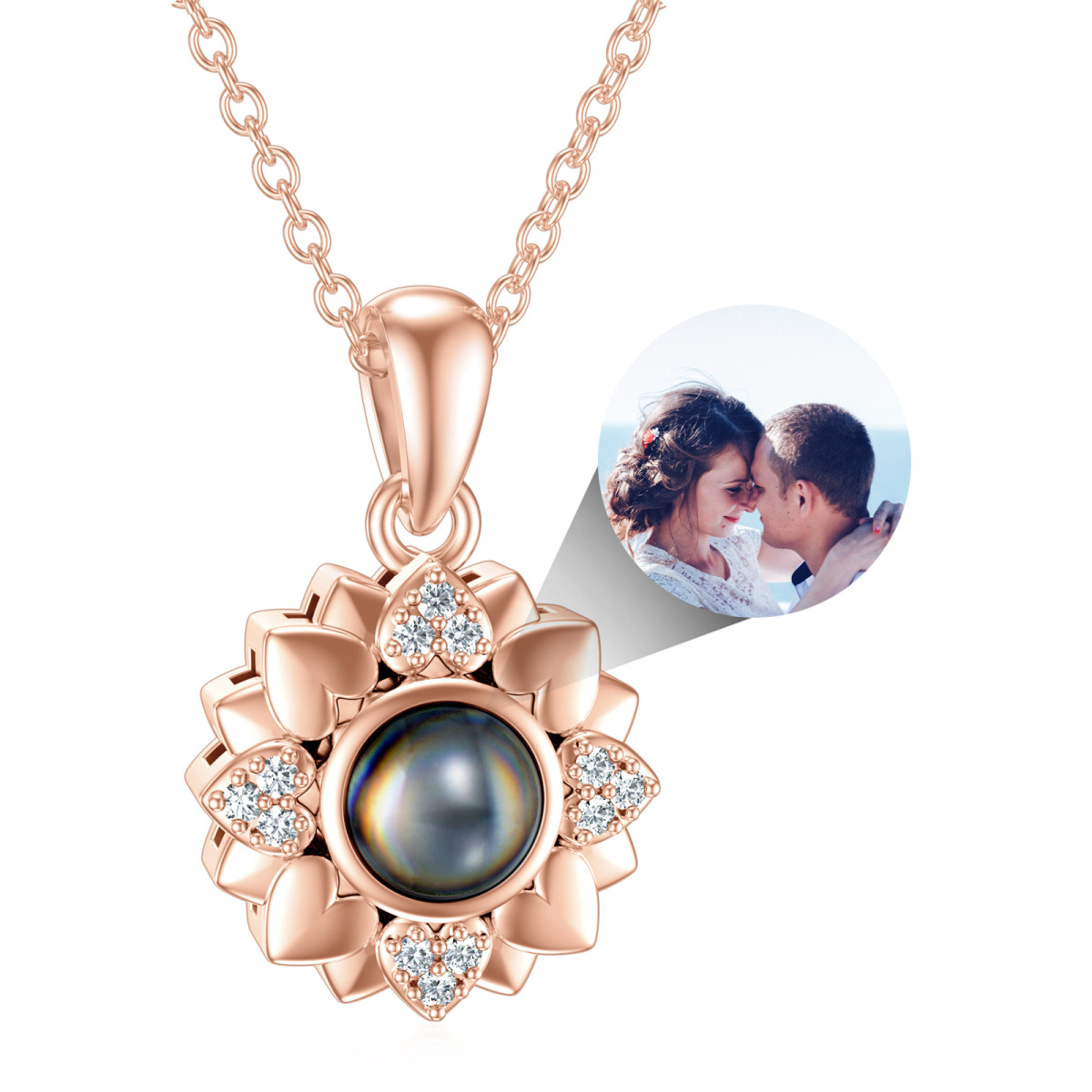 Sterling Silver with Rose Gold Plated Projection Stone & Personalized Projection Sunflower Pendant Necklace-1