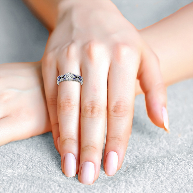 Prata esterlina Moissanite redonda Gravação personalizada e anel de noivado de casal-1
