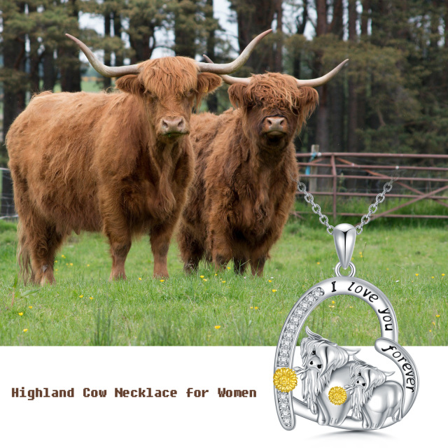 Sterling Silver Two-tone Circular Shaped Cubic Zirconia Highland Cow & Heart Pendant Necklace with Engraved Word-4