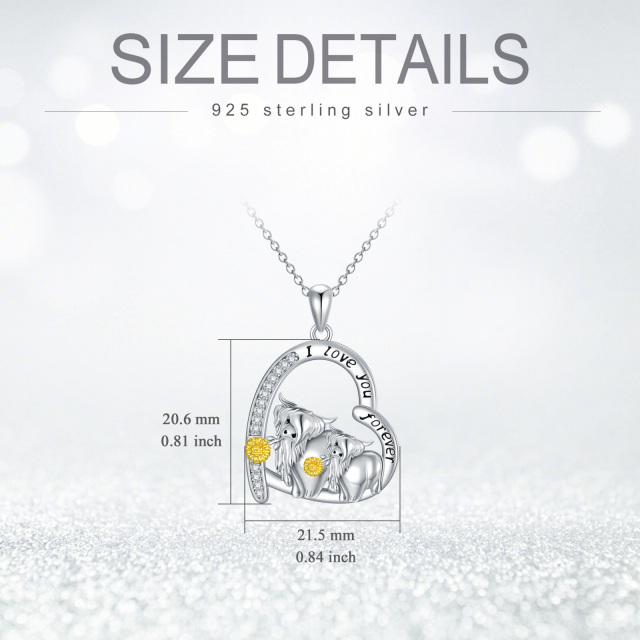 Sterling Silver Two-tone Circular Shaped Cubic Zirconia Highland Cow & Heart Pendant Necklace with Engraved Word-5