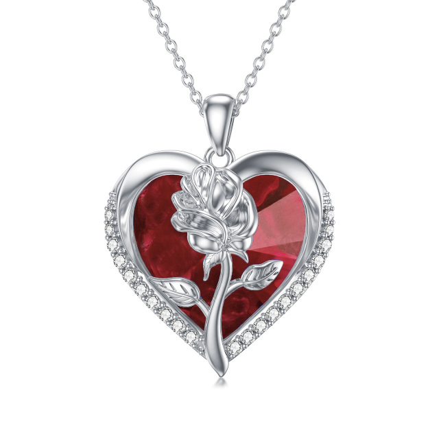 Sterling Silver Heart Shaped Rose Crystal Pendant Necklace-0