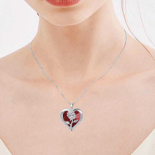 Sterling Silver Heart Shaped Rose Crystal Pendant Necklace-1
