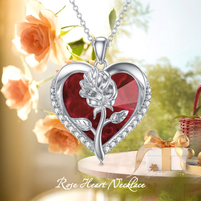 Sterling Silver Heart Shaped Rose Crystal Pendant Necklace-3