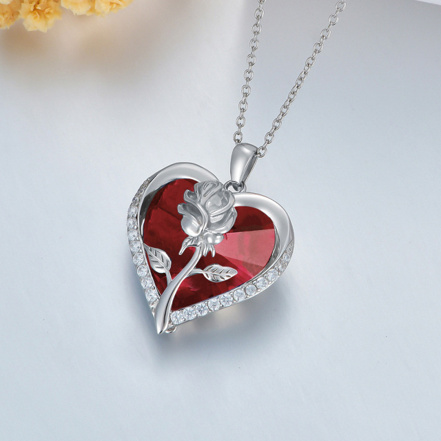 Sterling Silver Heart Shaped Rose Crystal Pendant Necklace-2