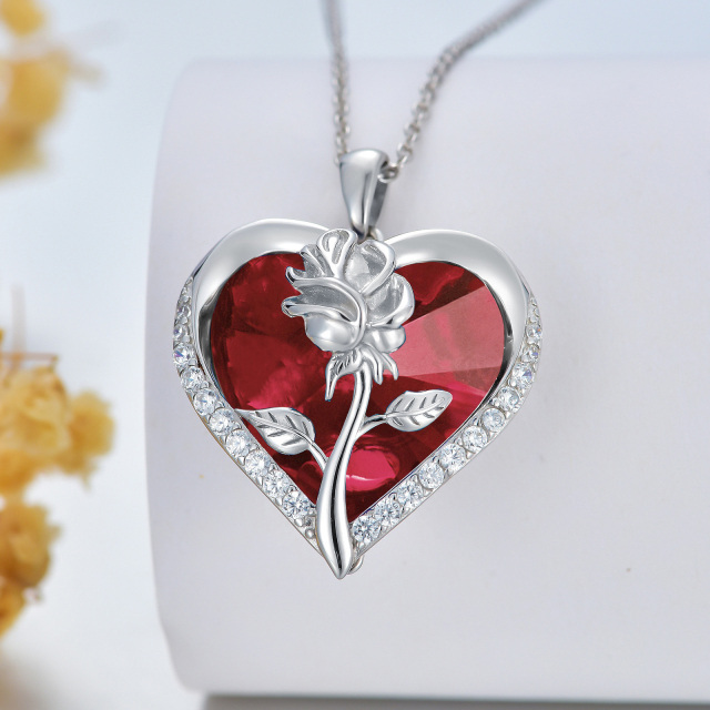 Sterling Silver Heart Shaped Rose Crystal Pendant Necklace-4