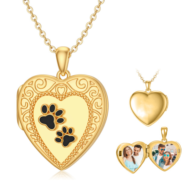 10K Gold Paw & Heart Pendant Personalized Photo Locket Necklace-2