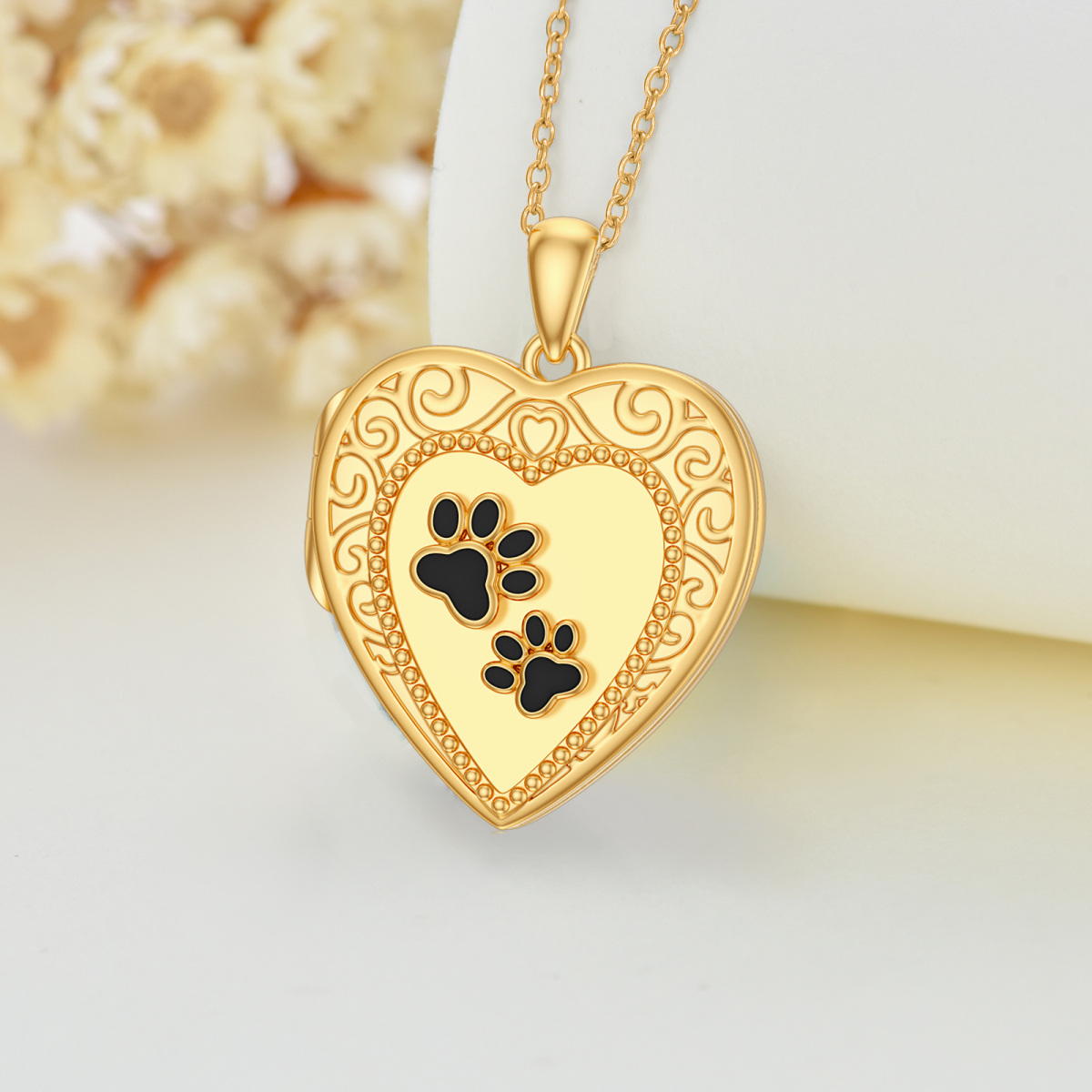 10K Gold Paw & Heart Pendant Personalized Photo Locket Necklace-6