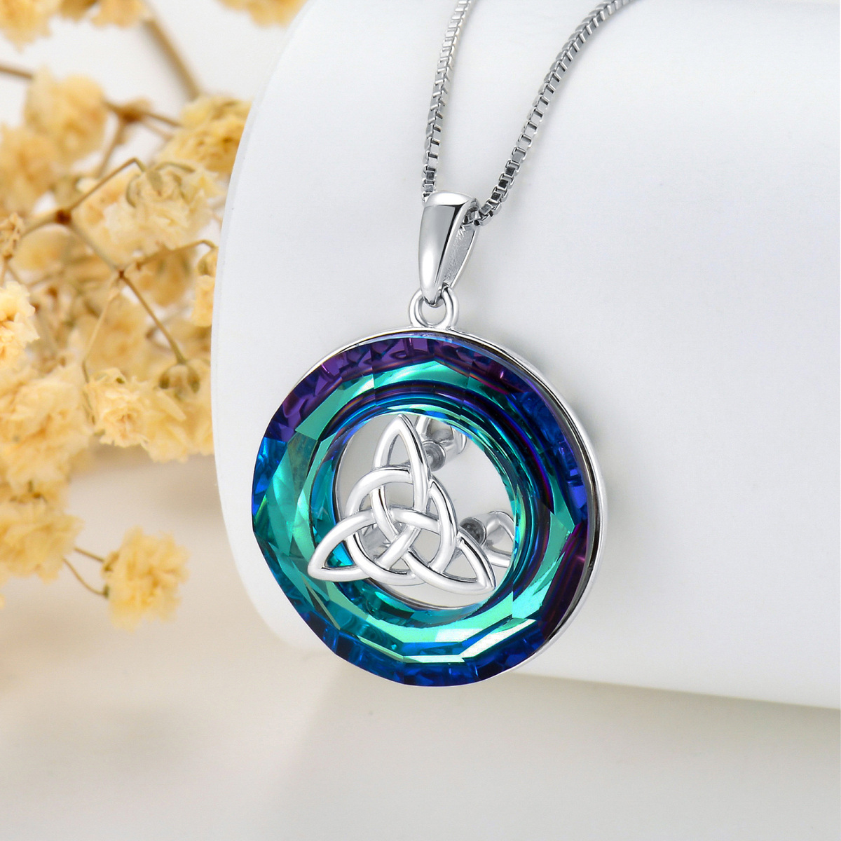 Sterling Silver Circular Shaped Celtic Knot Crystal Pendant Necklace-6