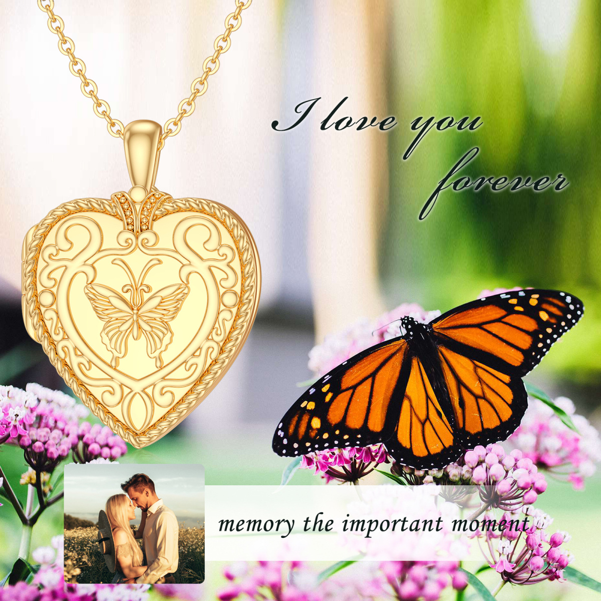 Collar Portafotos Personalizado Mariposa y Corazón de Oro de 10K-6