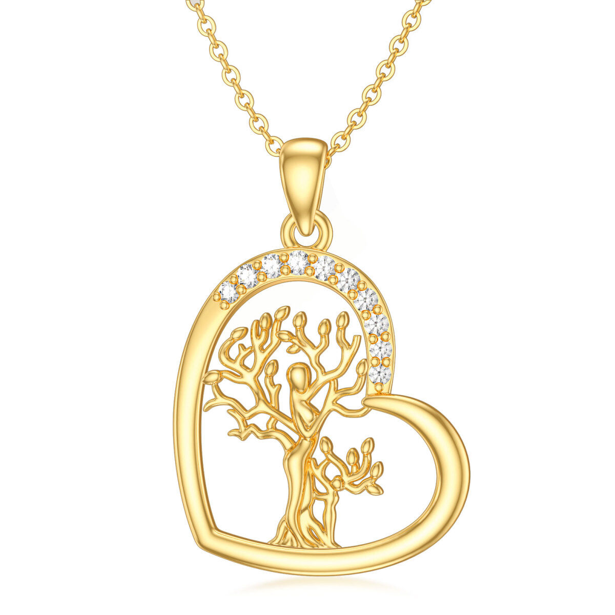 14K Gold Round Moissanite Tree Of Life Mother & Daughter Heart Pendant Necklace-1