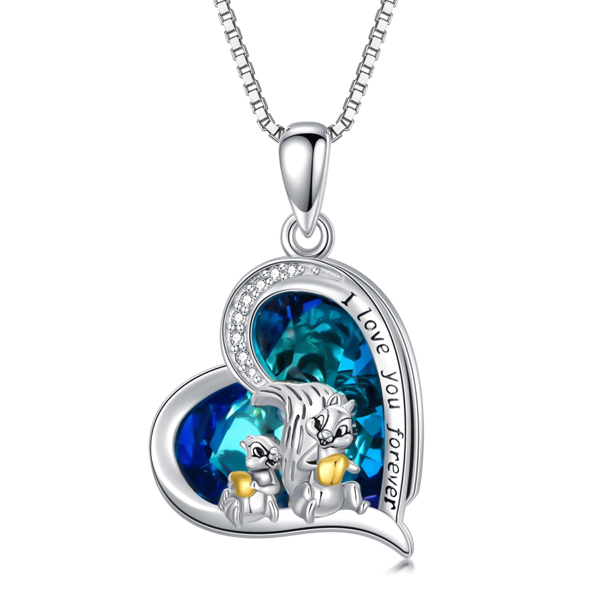 Sterling Silver Two-tone Heart Shaped Squirrel & Heart Crystal Pendant Necklace with Engraved Word-1