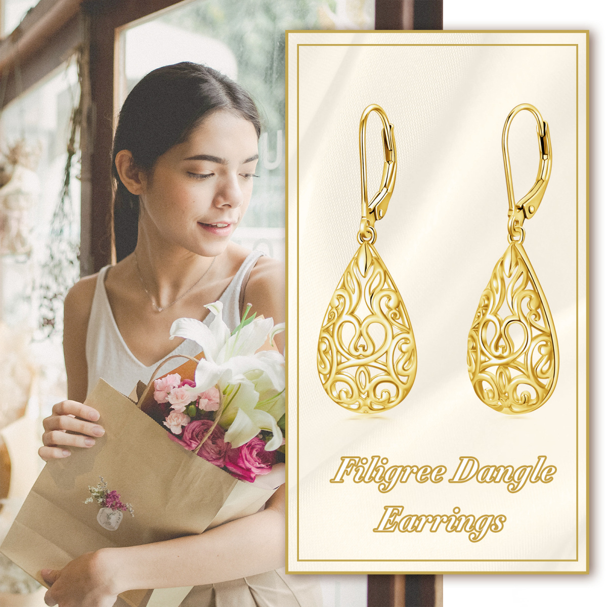 Sterling Silver with Yellow Gold Plated Drop Shape Drop Earrings-6