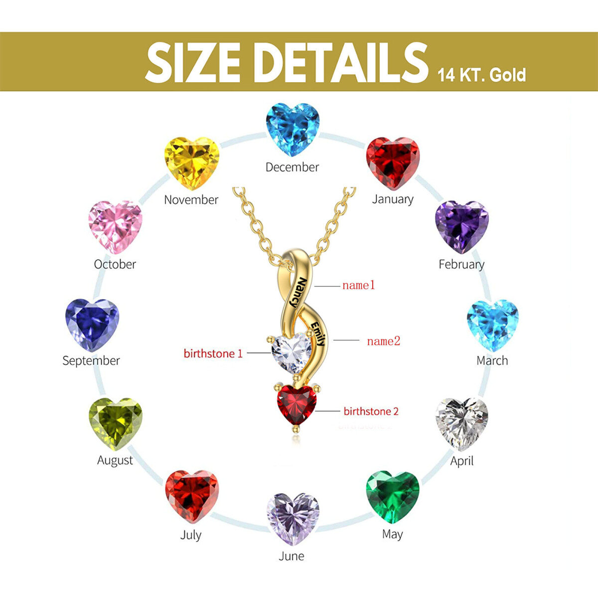 14K Gold Heart Shaped Cubic Zirconia Infinity Symbol Personalized Birthstone Pendant Necklace-7