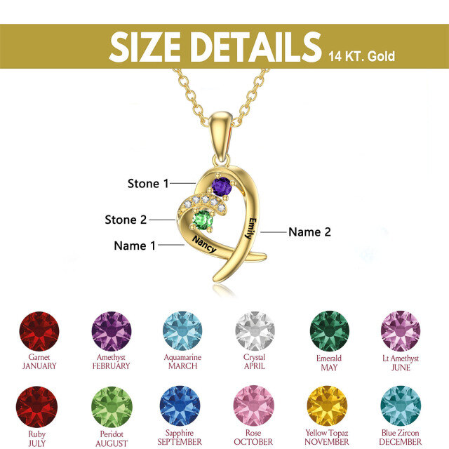 14K Gold Heart Shaped Cubic Zirconia Personalized Birthstone Pendant Necklace-2