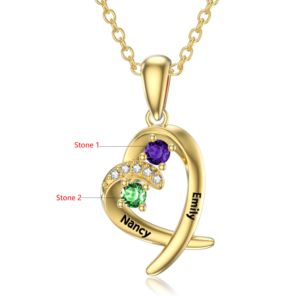14K Gold Heart Shaped Cubic Zirconia Personalized Birthstone Pendant Necklace-8