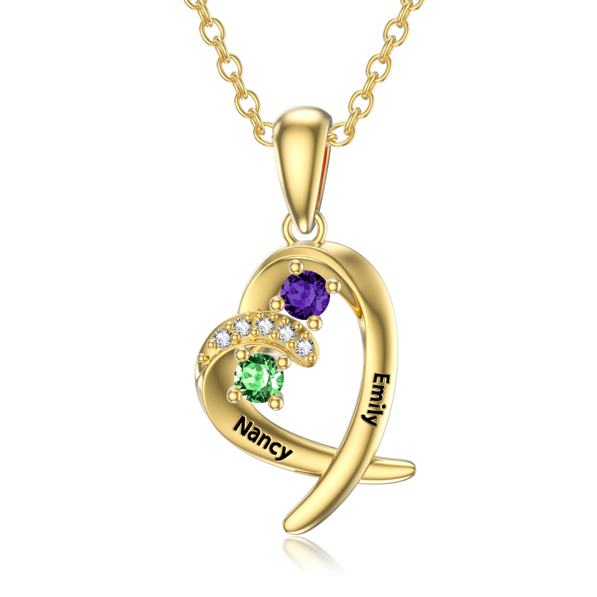 14K Gold Heart Shaped Cubic Zirconia Personalized Birthstone Pendant Necklace-1