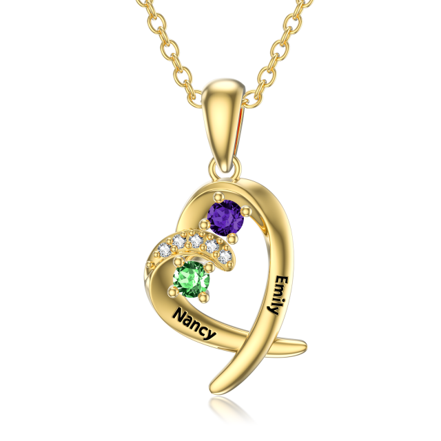 14K Gold Heart Shaped Cubic Zirconia Personalized Birthstone Pendant Necklace-0